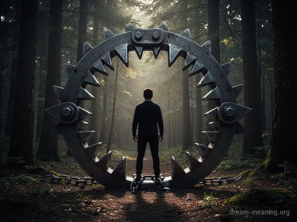 Silhouette of a person inside a large metal trap in a dark forest.