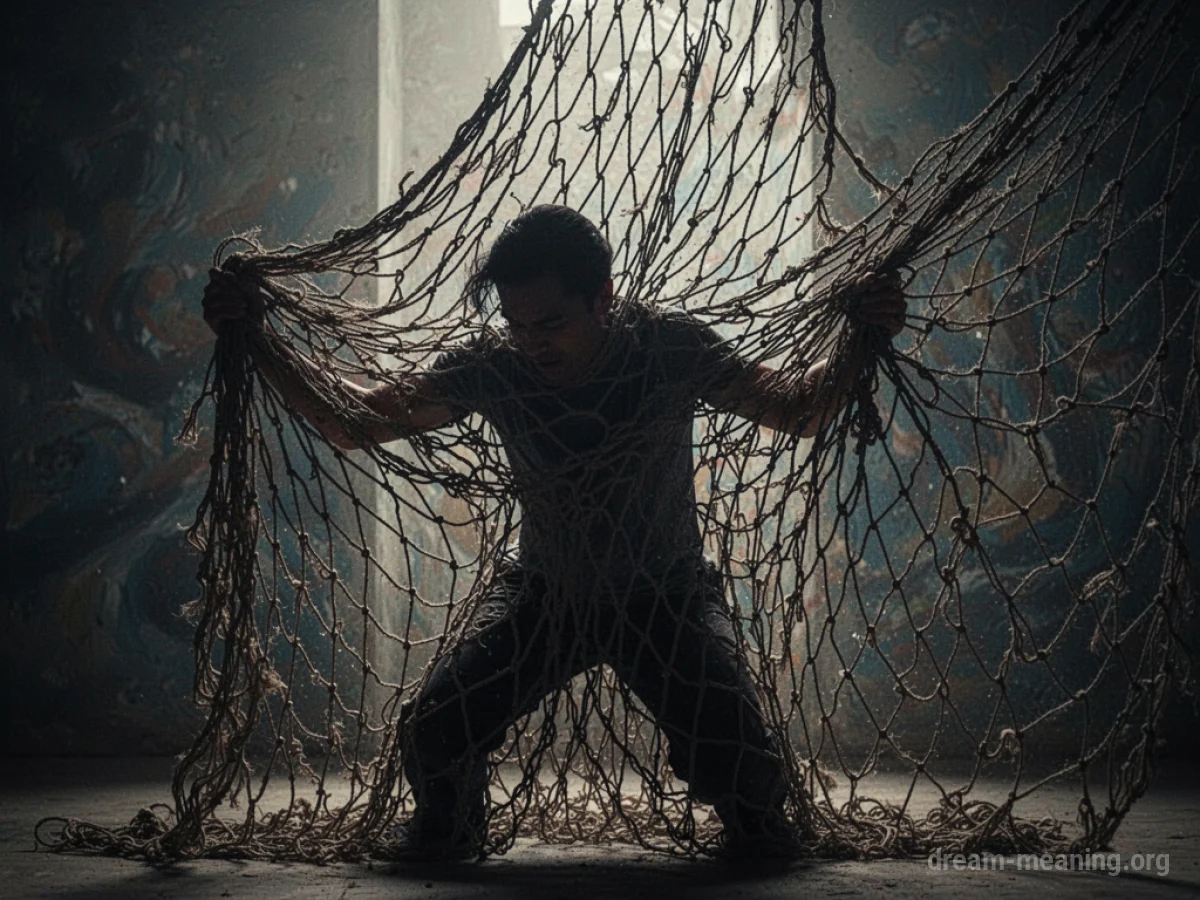 Silhouette of a person caught in a large net.