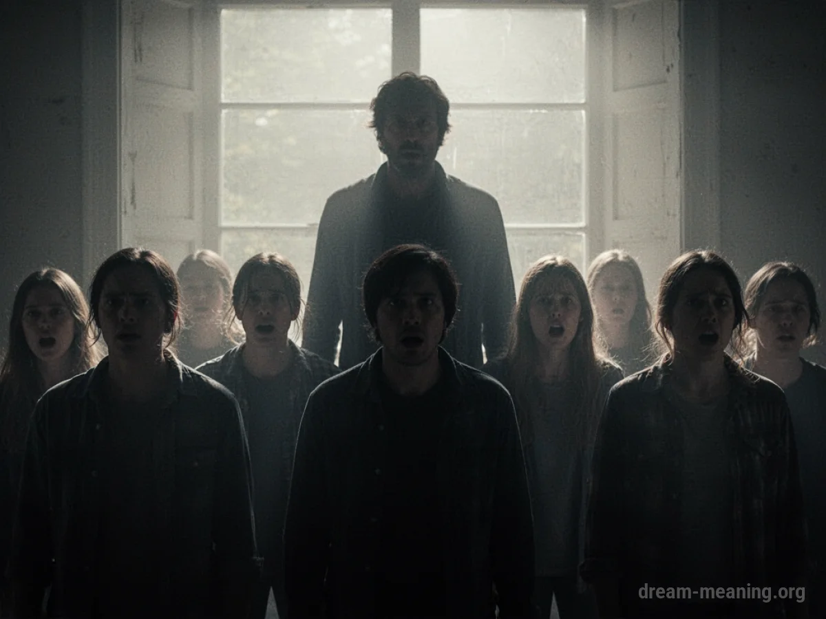 A shadowy figure stands behind several indistinct silhouettes.