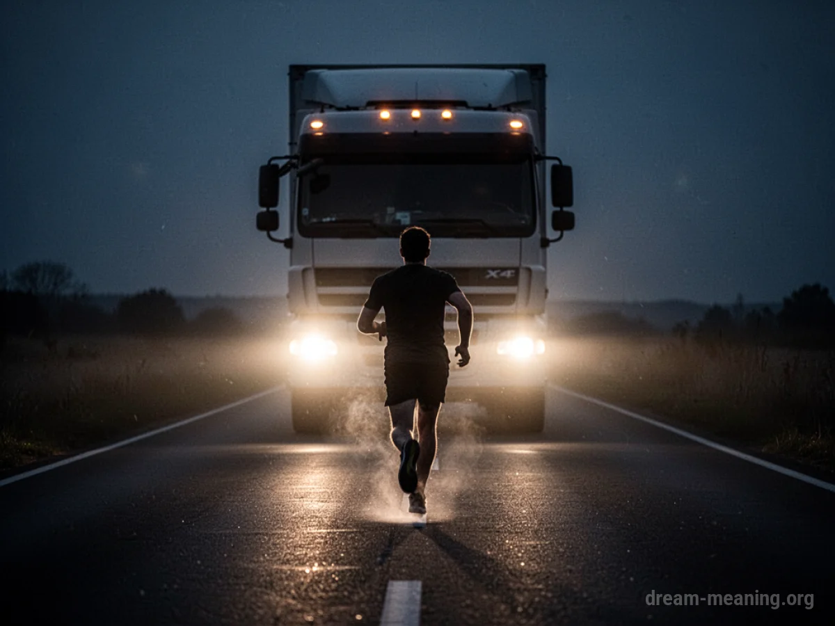 Silhouette of a person running on a road with large truck headlights approaching from behind.