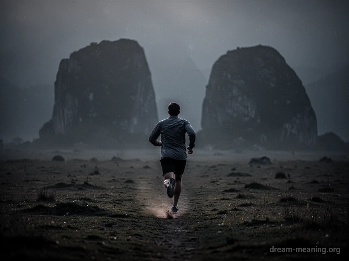 A silhouette of a person running away from indistinct, looming shadows in a dark, misty environment.