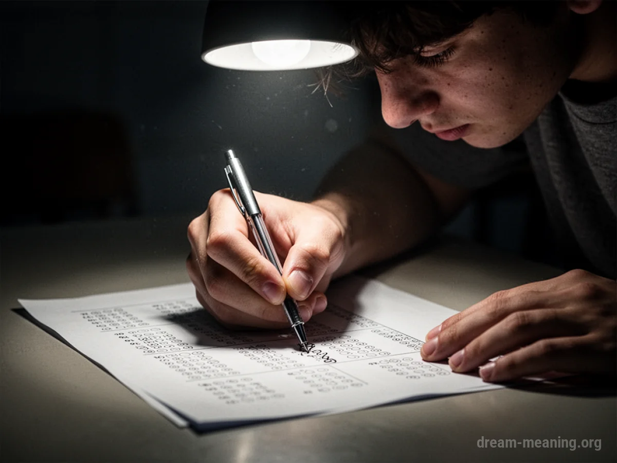 A hand writing quickly on a test paper.