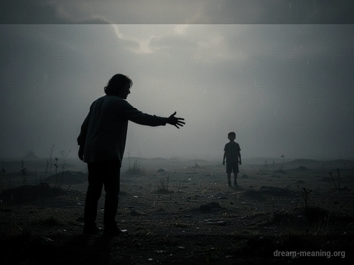 Silhouette of a parent reaching towards a small figure in a dark, hazy landscape.