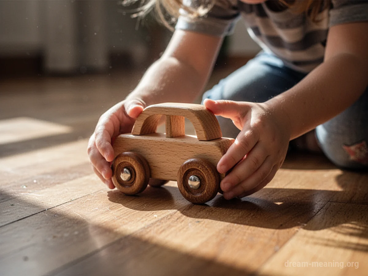 A child's hands holding a wooden toy car.