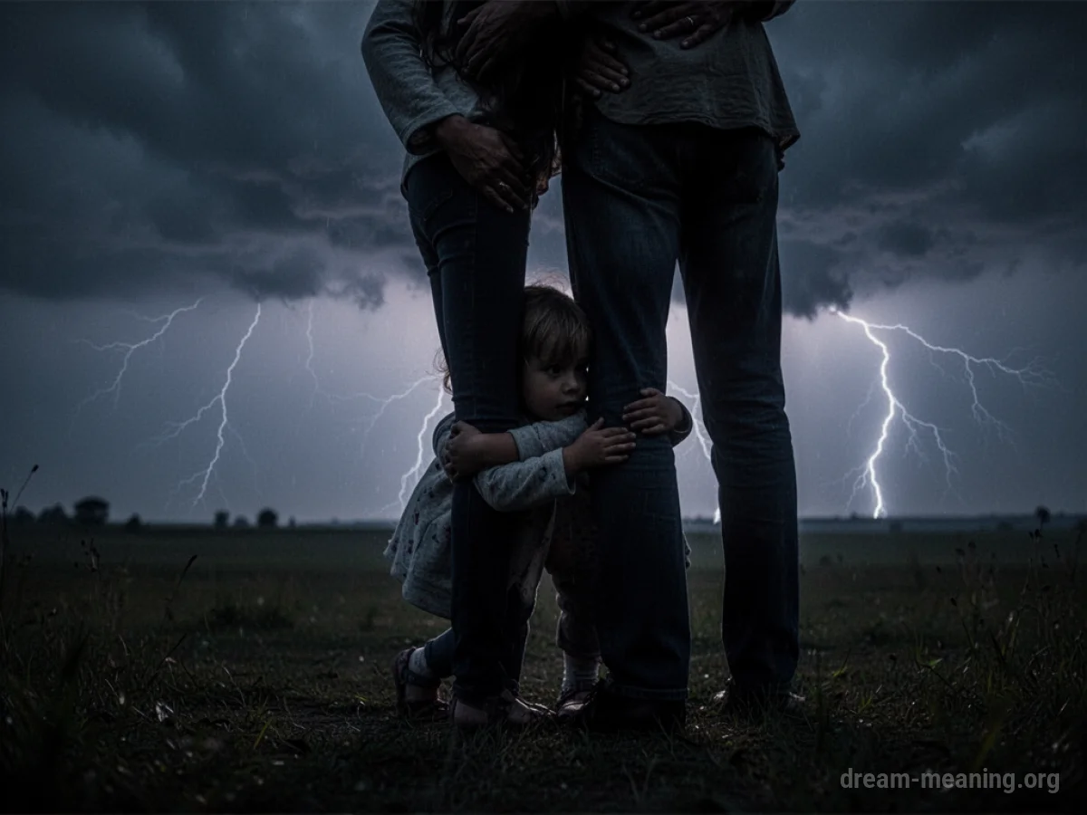 Silhouette of a child hiding behind an adult from a dark, stormy sky.