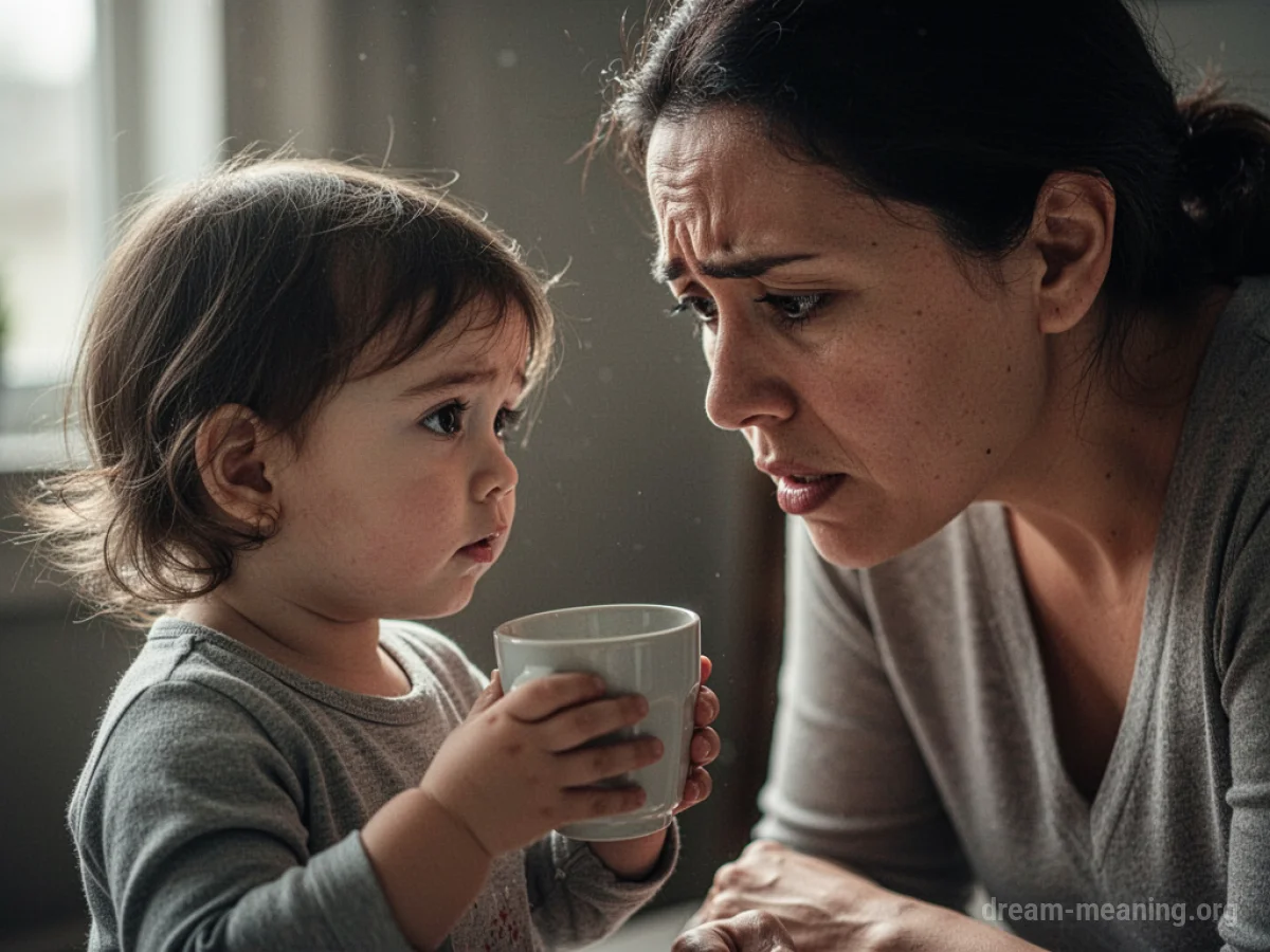 A parent gazes worriedly at a child holding an empty cup.