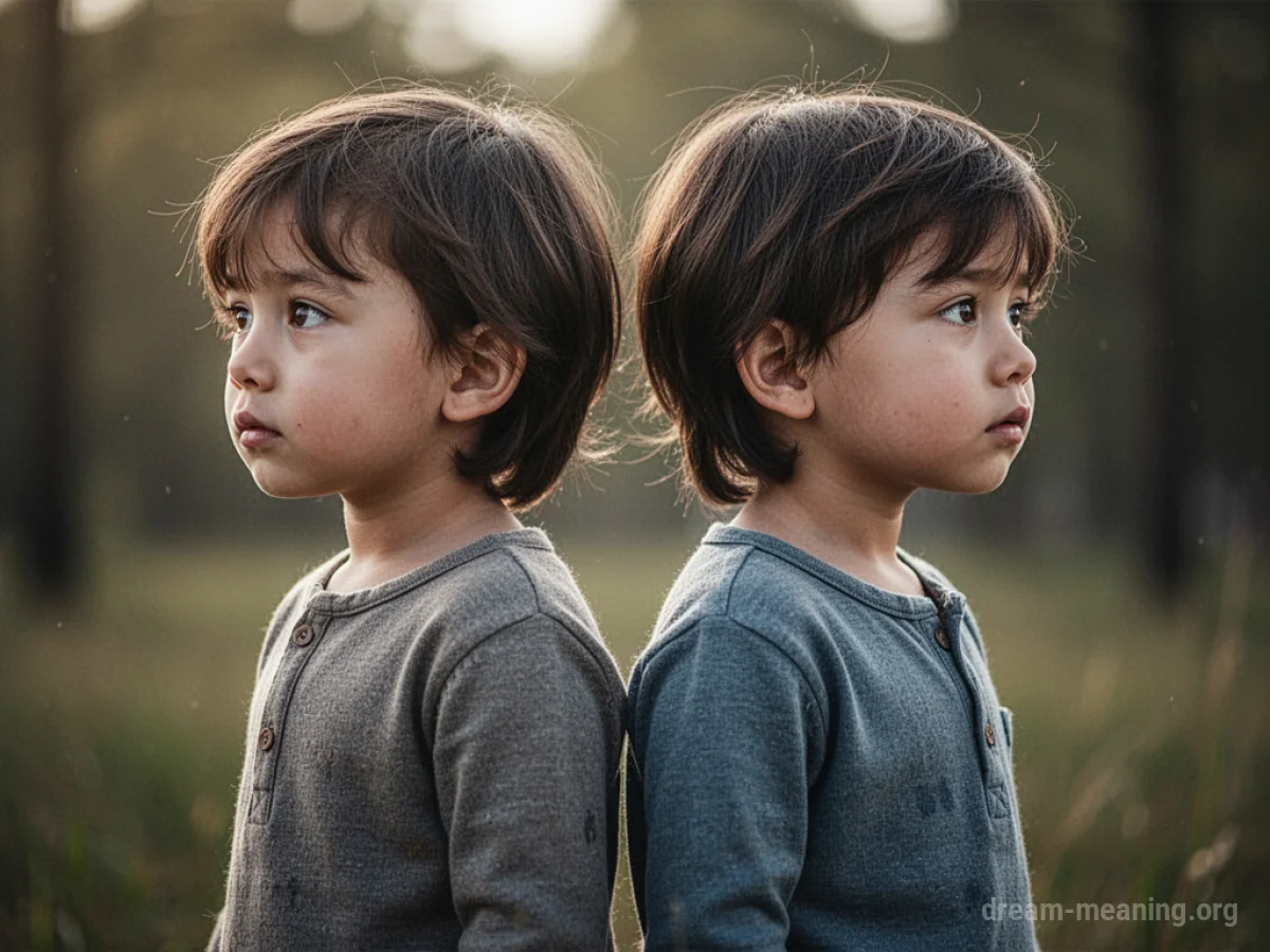 Two identical children standing next to each other, facing away from the viewer.