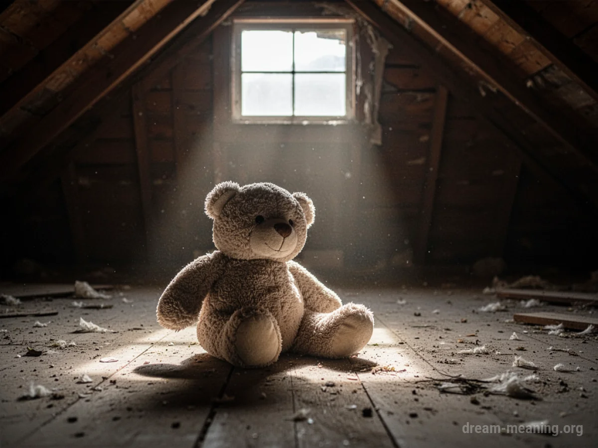 A worn stuffed animal rests on a wooden floor in an attic.