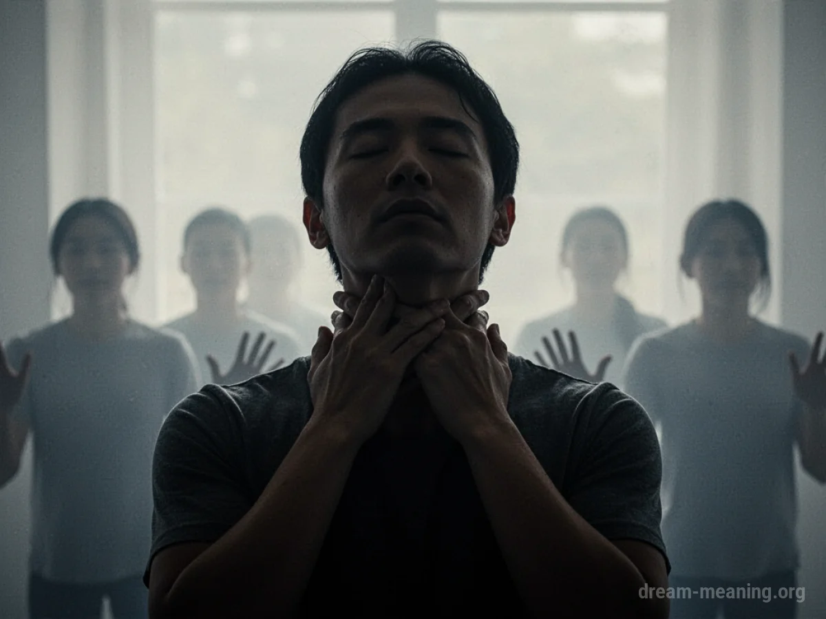 Silhouette of a person's head and shoulders with hands clasped around their neck.