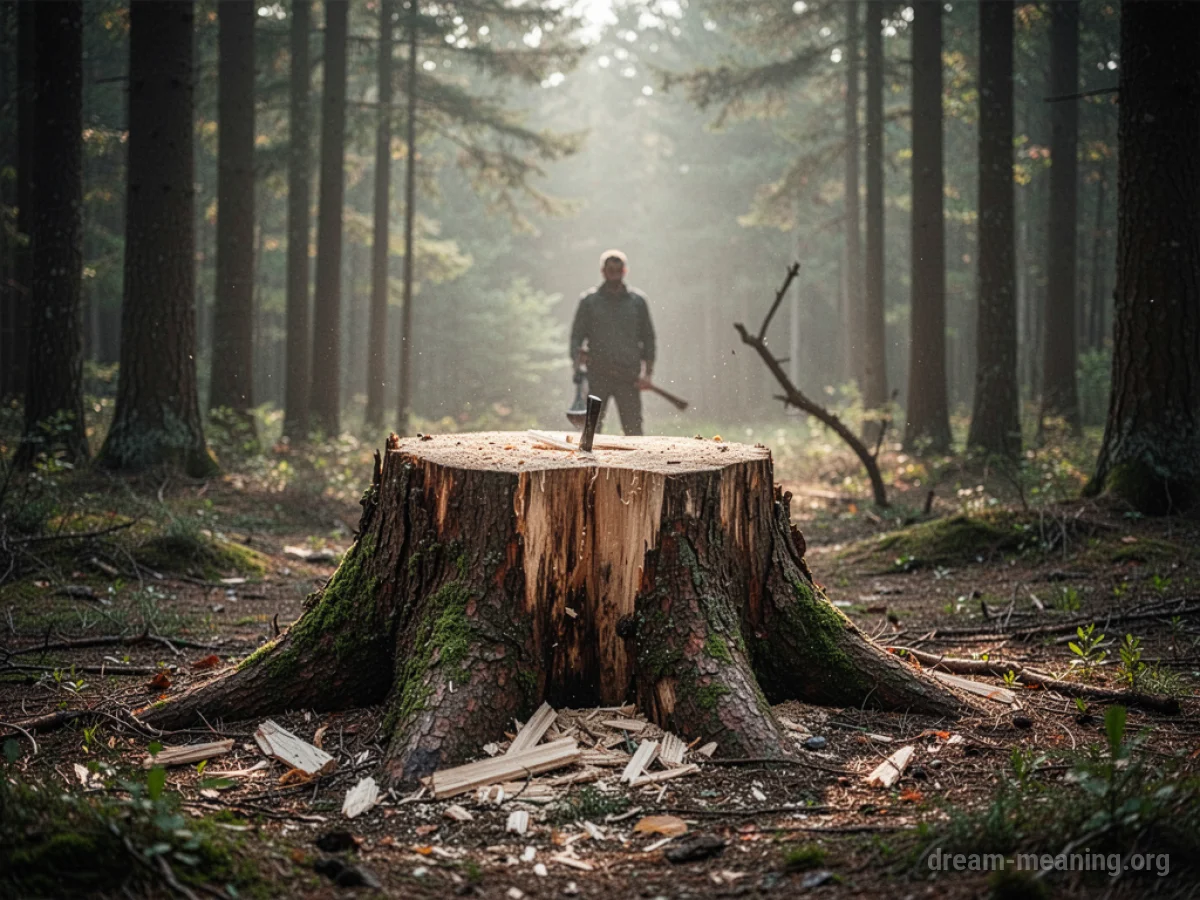 A tree stump in a forest clearing with a distant figure holding an axe.