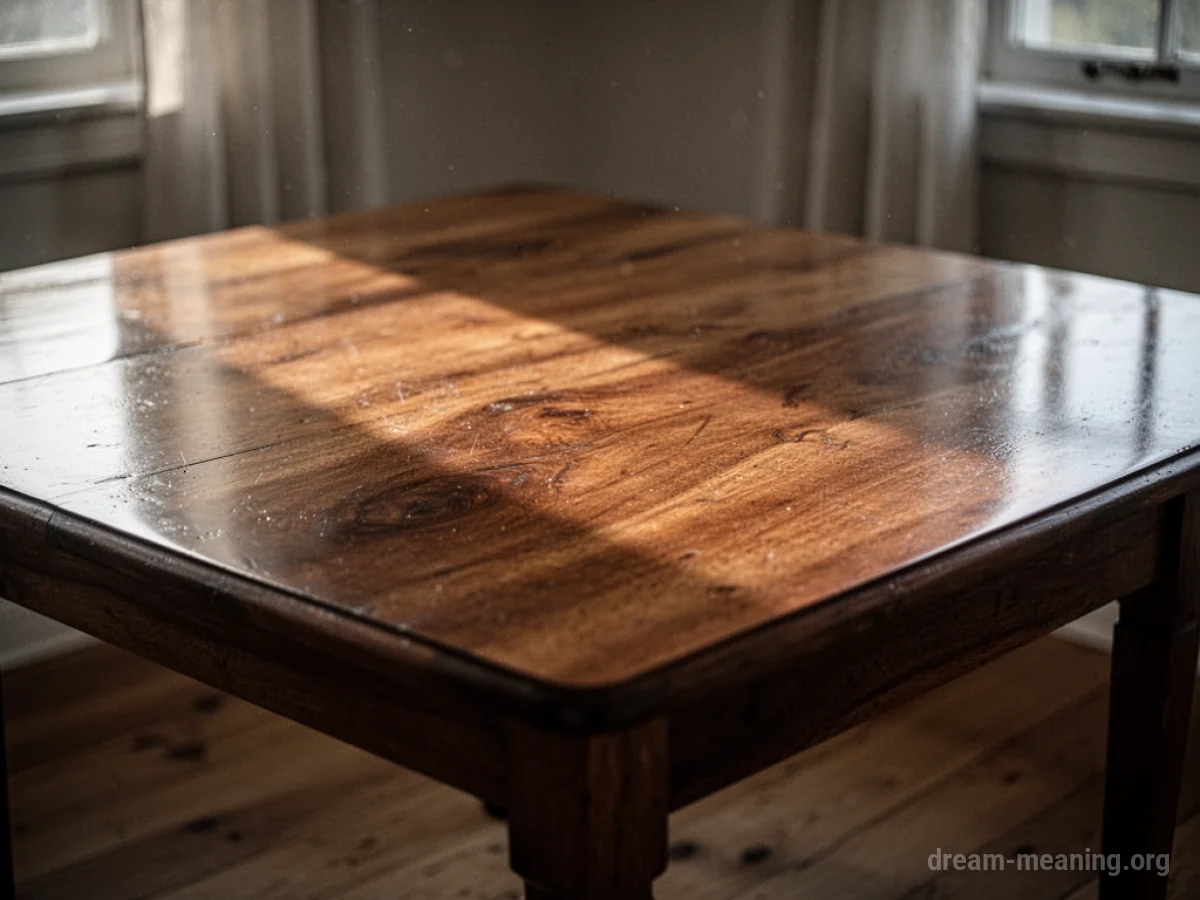 An empty, polished wooden table.