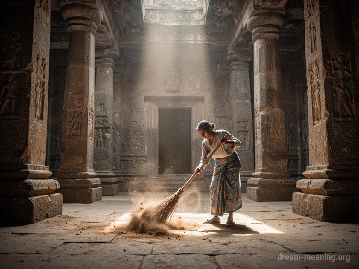 Person sweeping the floor inside a large, sunlit temple.