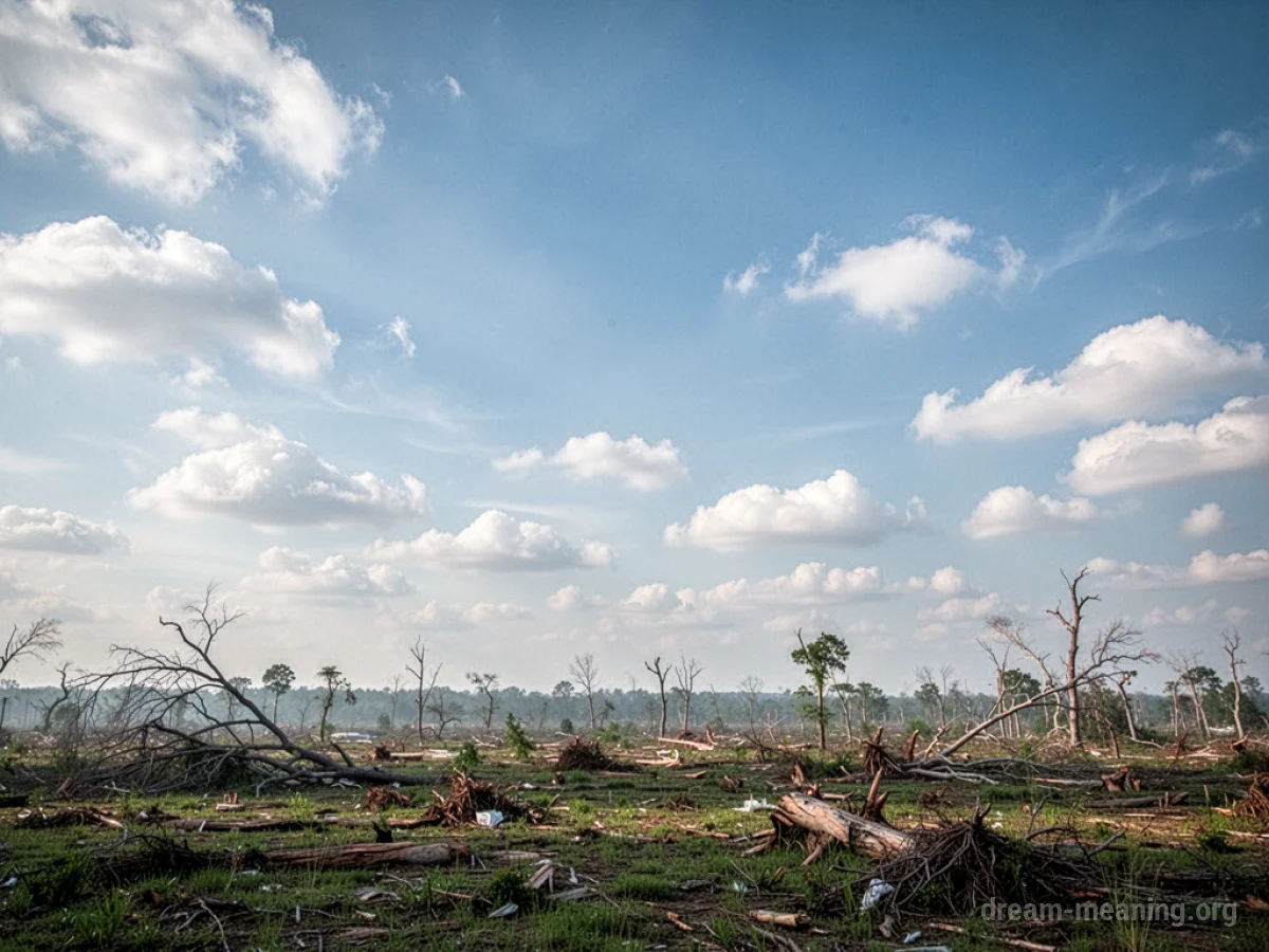 A bright blue sky with scattered clouds above a landscape with subtle storm damage.