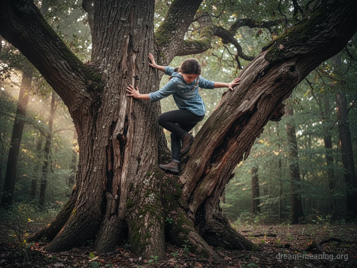 A person descending a tree trunk.