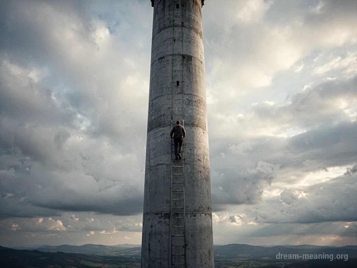 Silhouette of a person climbing a tall tower.