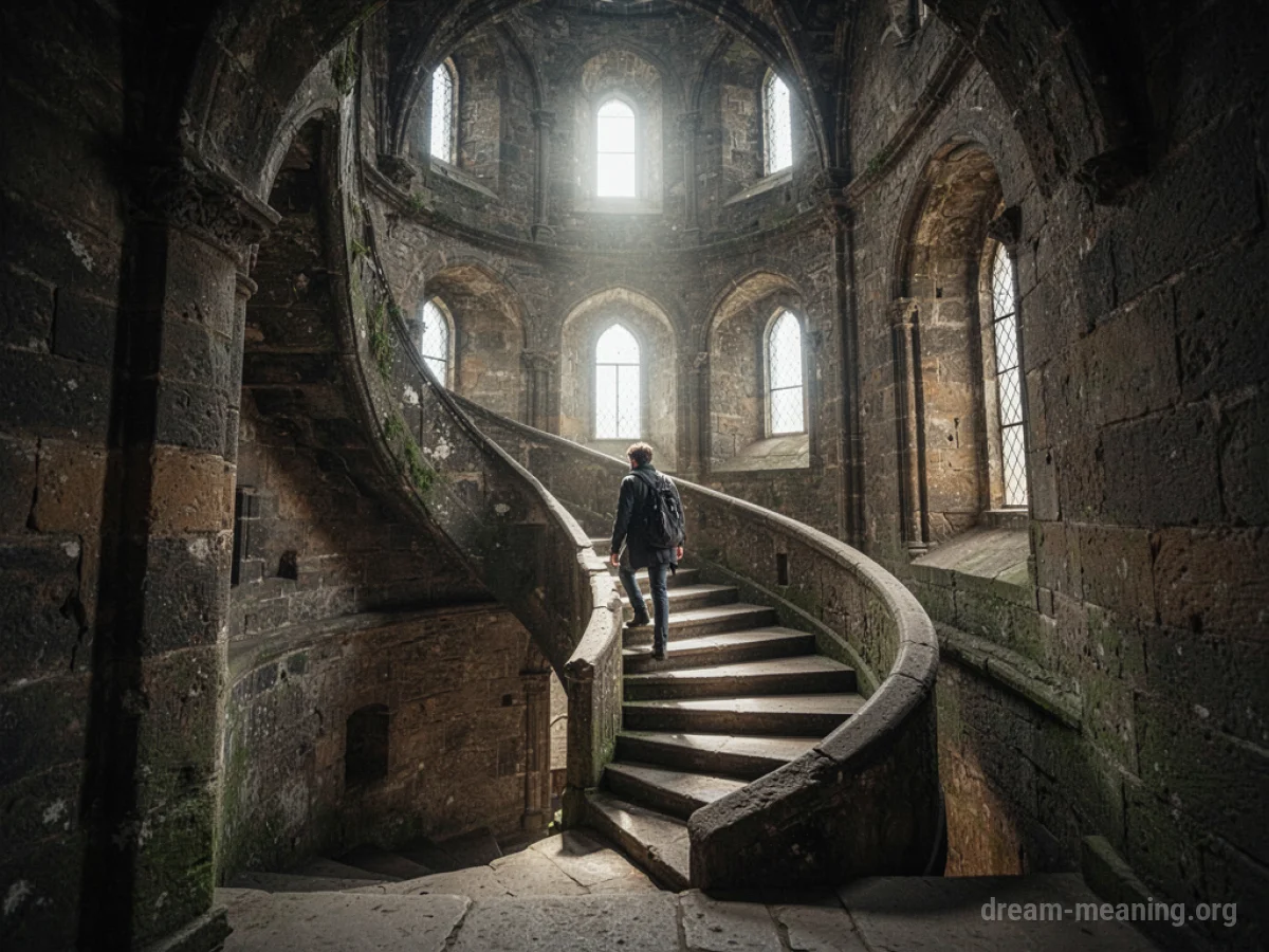 A person ascending a stone spiral staircase within a tall tower.