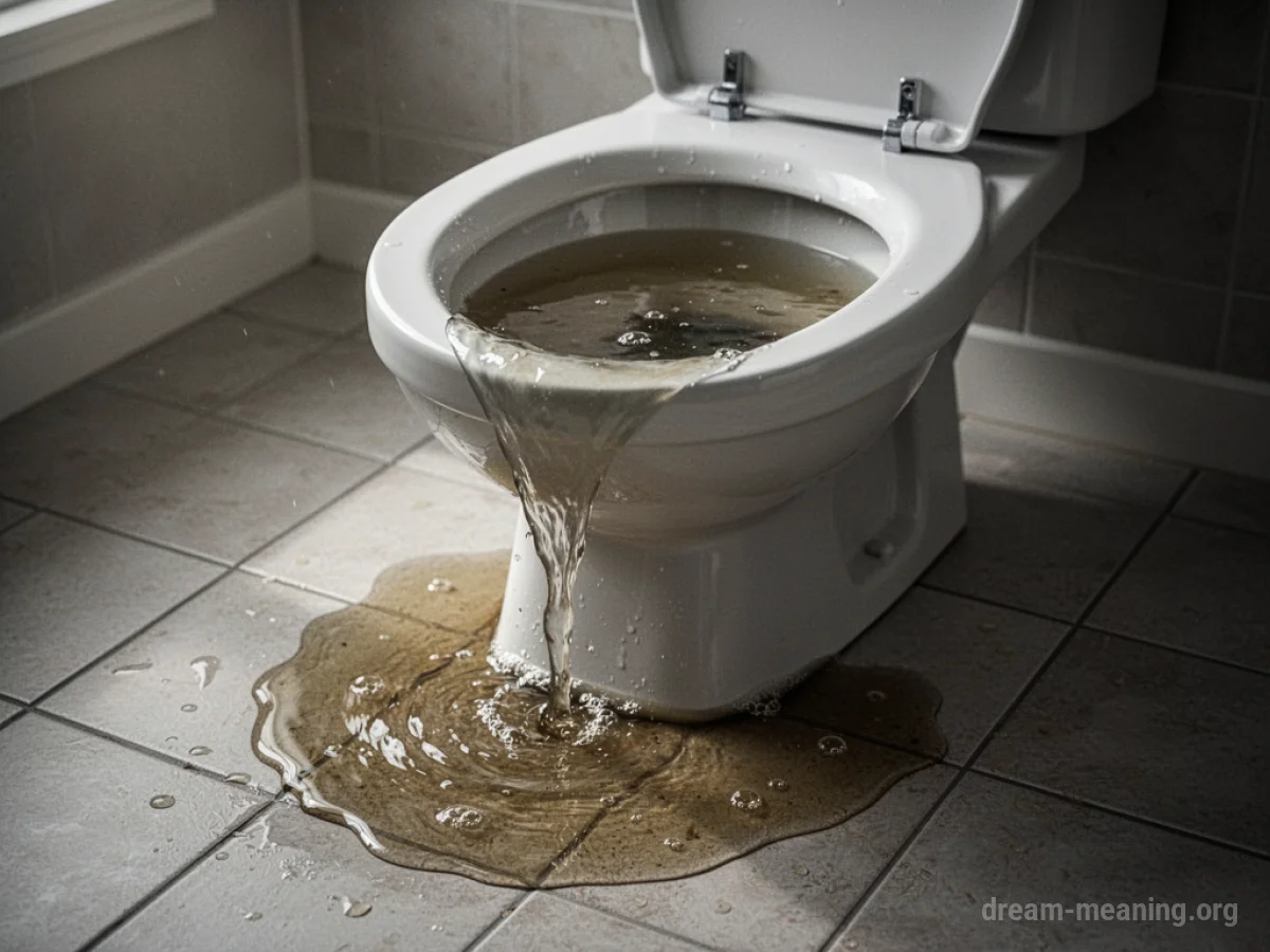 Water spilling from a clogged toilet onto a bathroom floor.