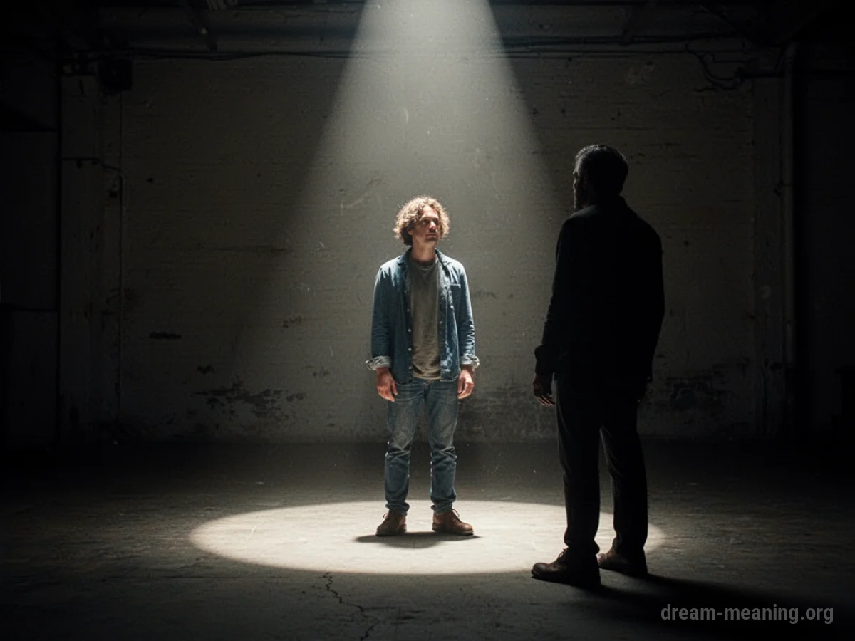 A person stands illuminated, facing a dark, indistinct shape.