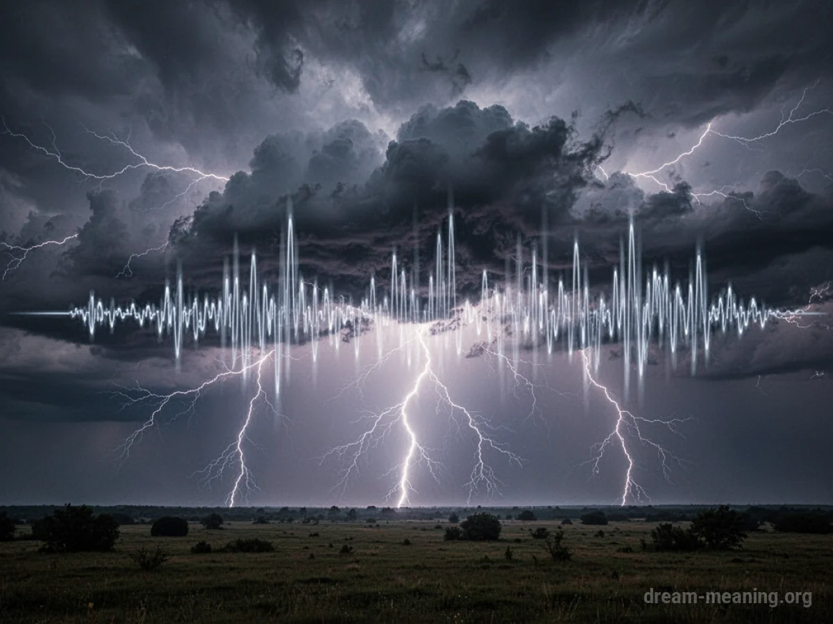 Dark storm clouds with lightning and visual sound waves indicating thunder.