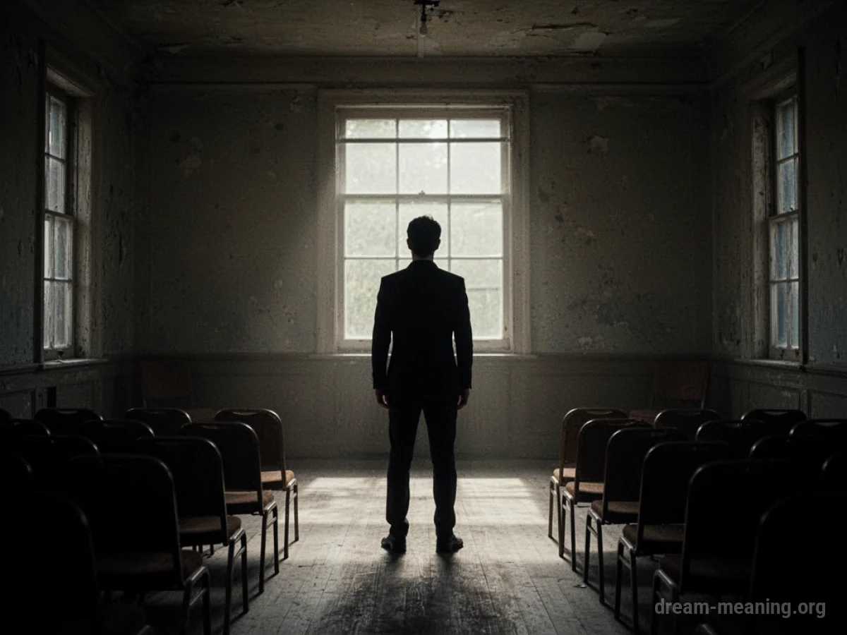 A lone silhouette stands facing a dark space.