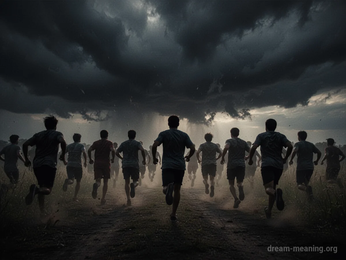 Silhouettes of people running in panic under dark clouds.