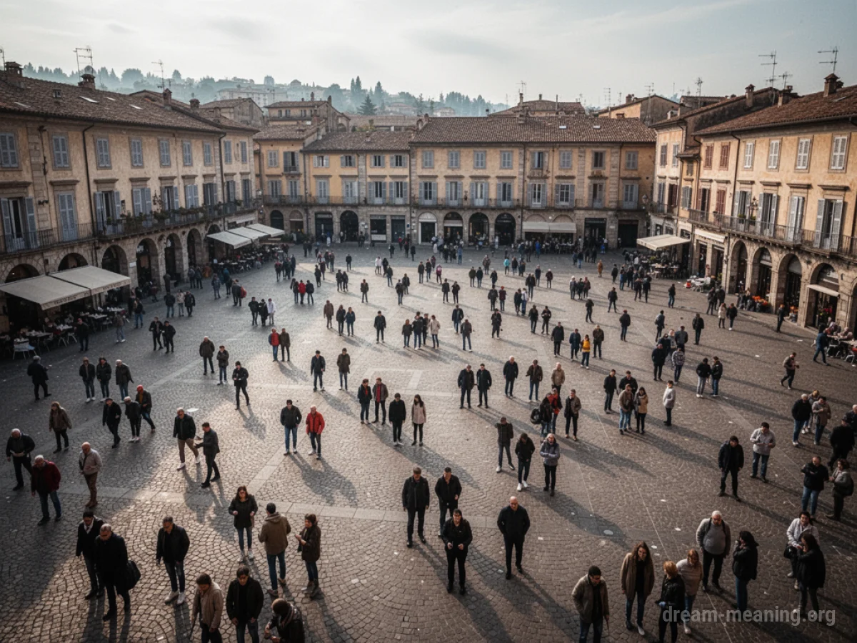 A busy town square with numerous people walking and standing.