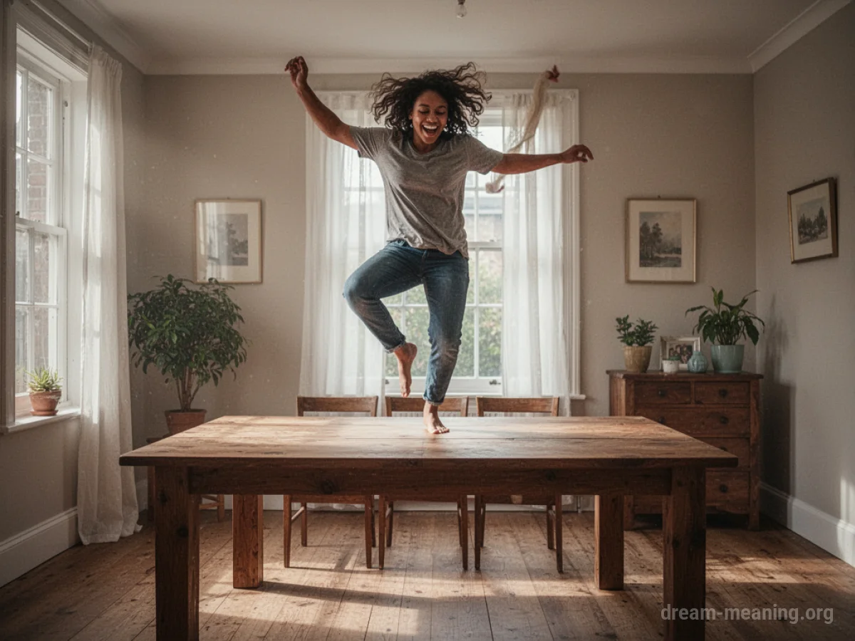 A person dancing energetically on top of a wooden table.