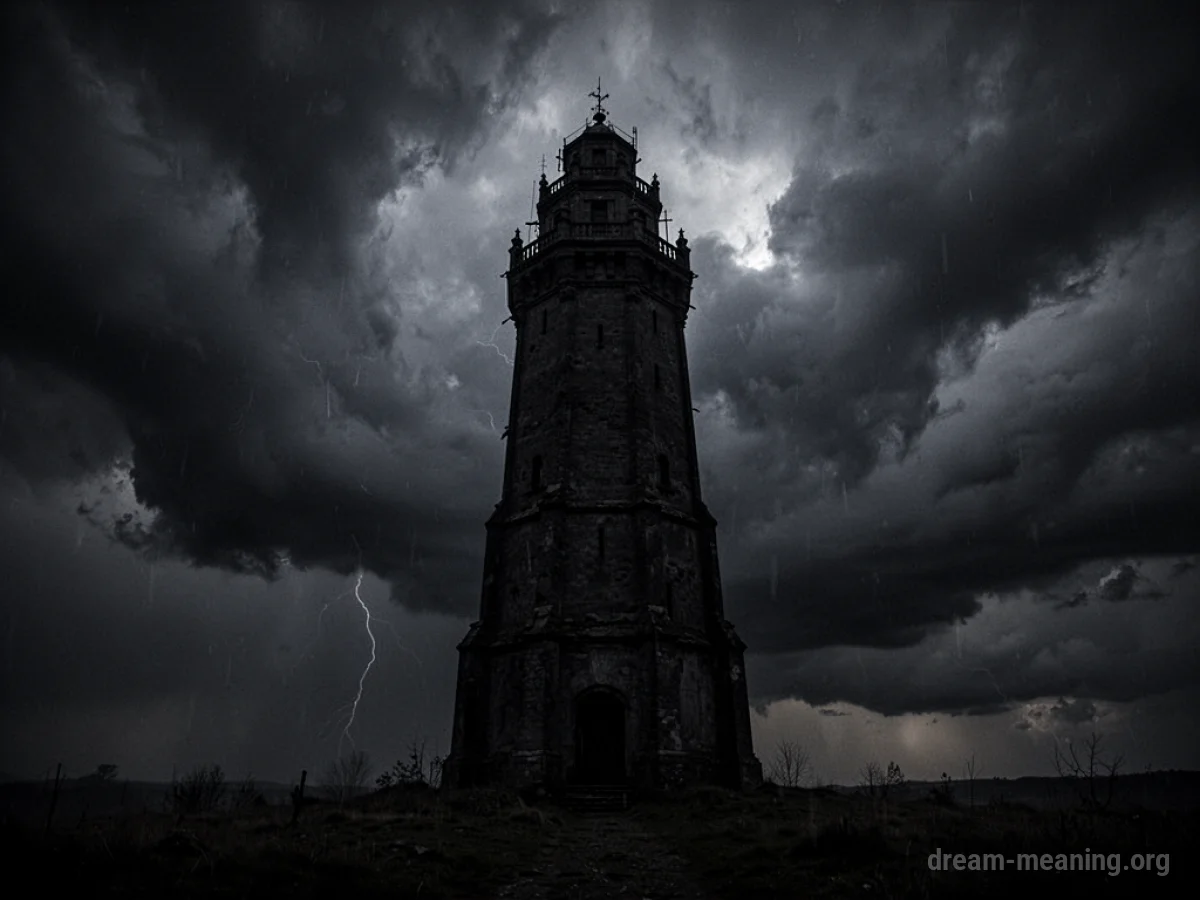A tall, dark tower silhouetted against a stormy sky.
