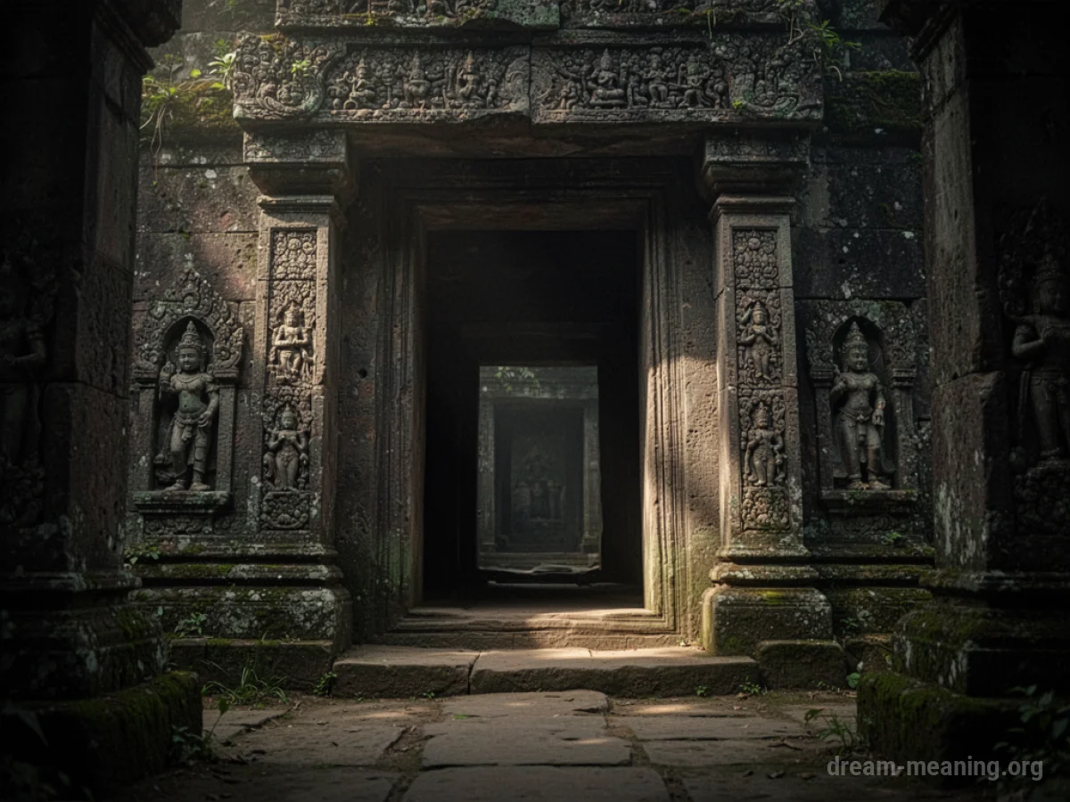 A dimly lit stone temple entrance obscured by shadows.