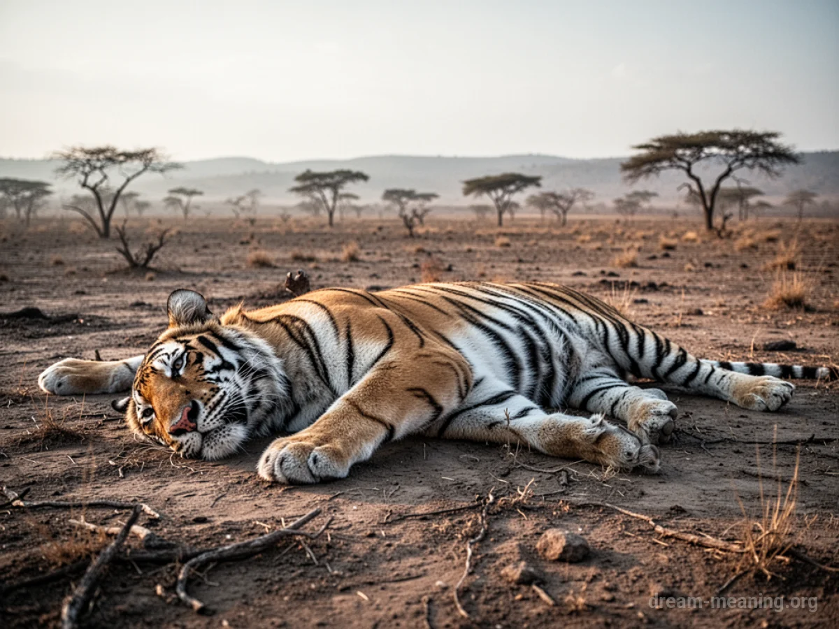 A deceased tiger lying on the ground in a barren environment.