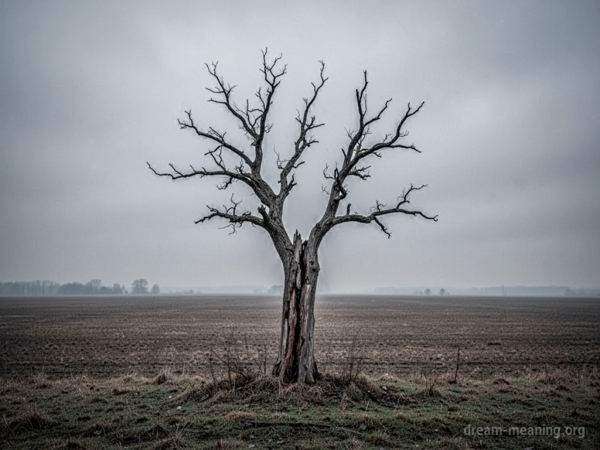 A single, leafless dead tree in an overcast field.