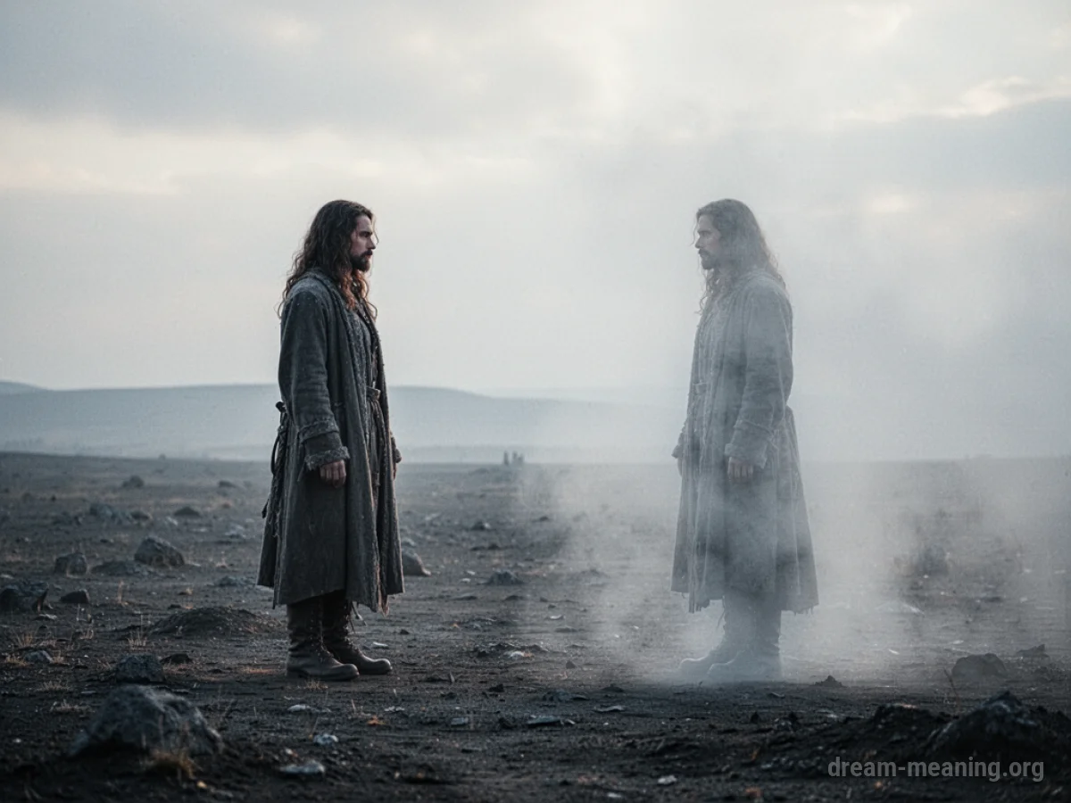 Two identical figures, one translucent, on a barren plain.