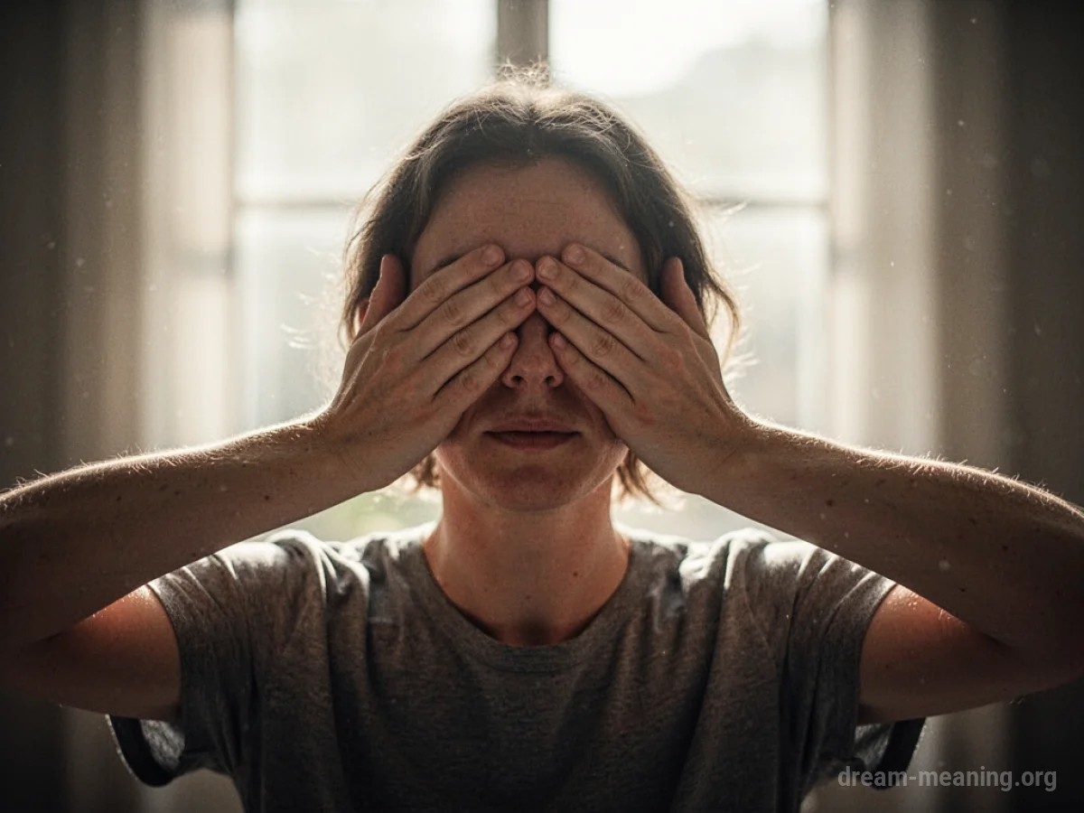 Person covering eyes, facing away from light.