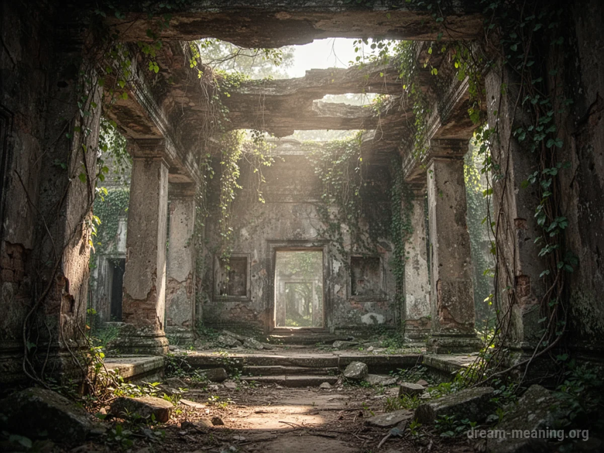 An ancient stone temple in ruins with plants growing over it.