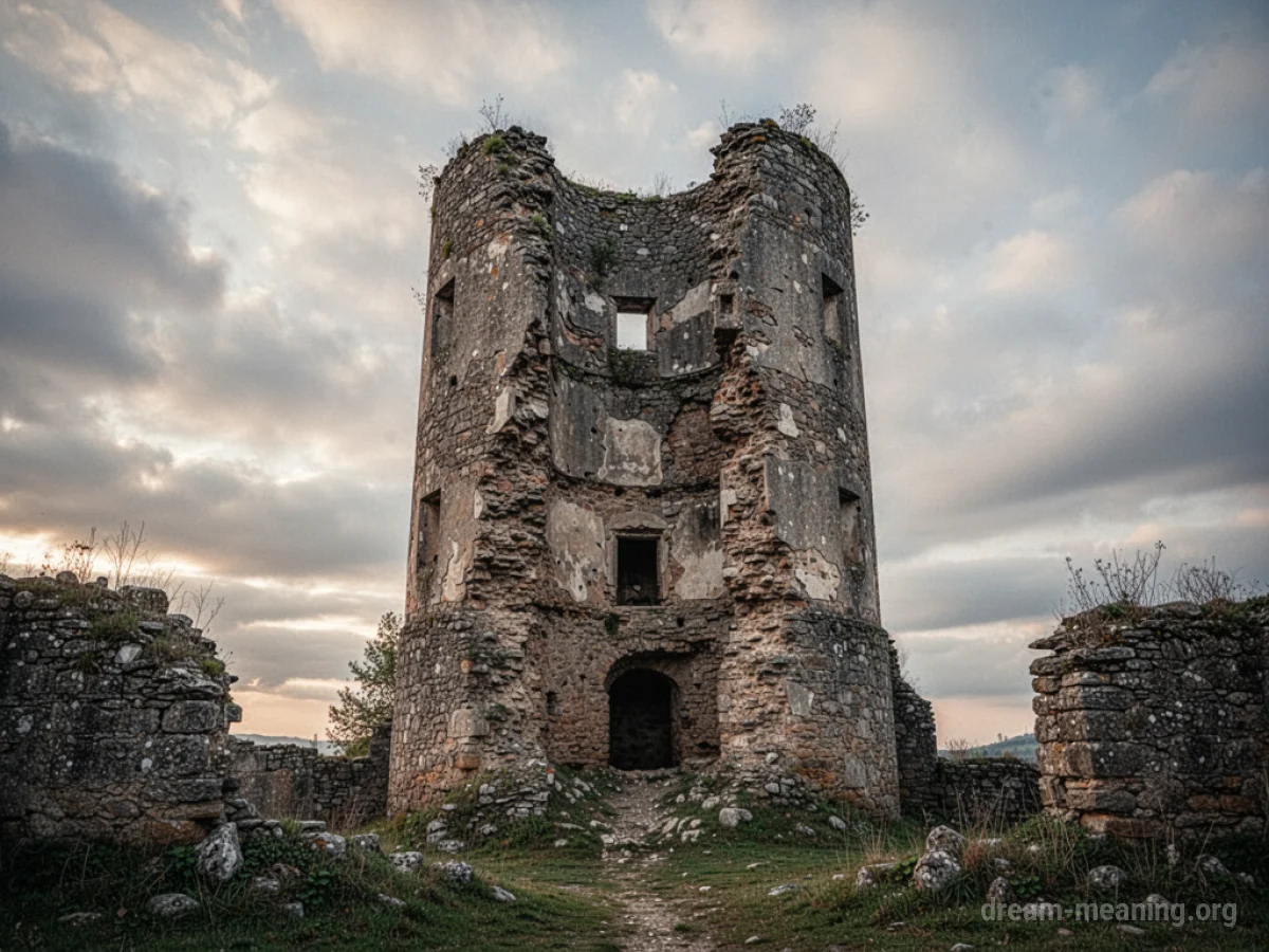 Stone tower ruins with broken walls and debris.