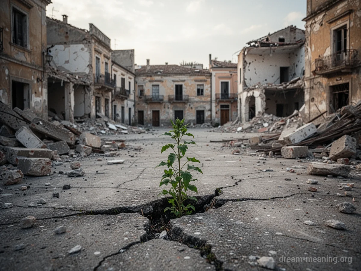 A town square with damaged buildings and rubble.