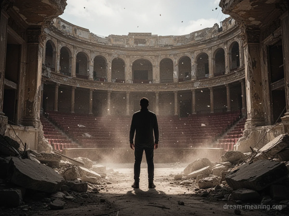 A lone figure watches as the facade of a large, ornate theater collapses.