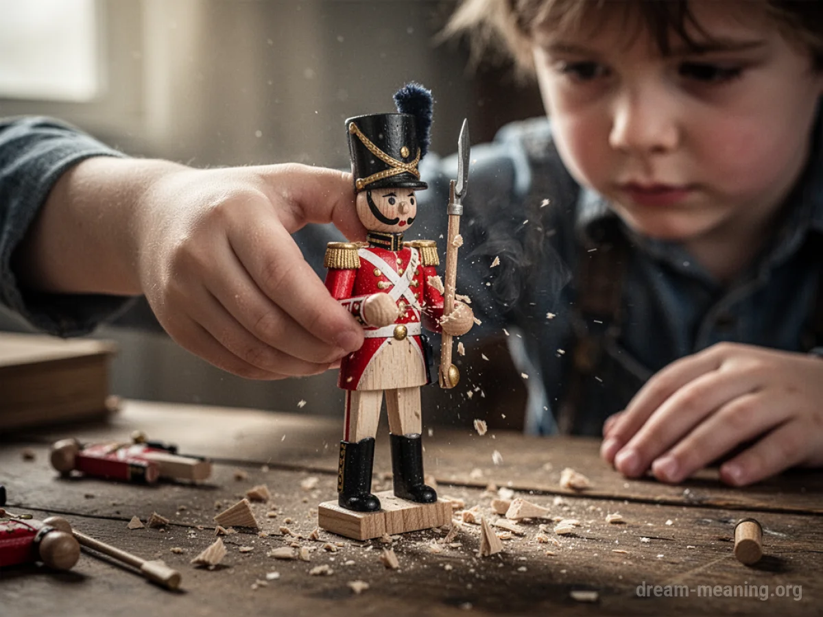 A child's hand breaking a wooden toy soldier.