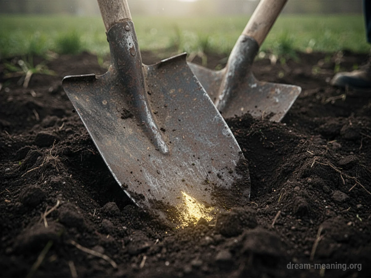 A shovel digging into soil, revealing a hint of gold.