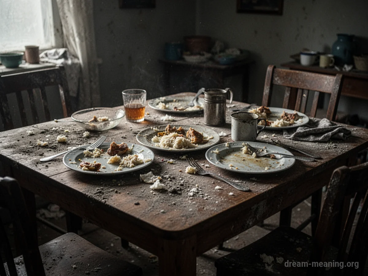 A close-up view of a grimy, unclean wooden table.
