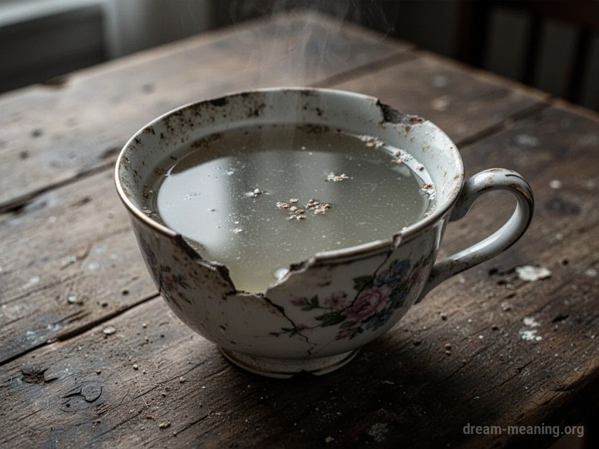 A teacup with cloudy liquid and floating debris.