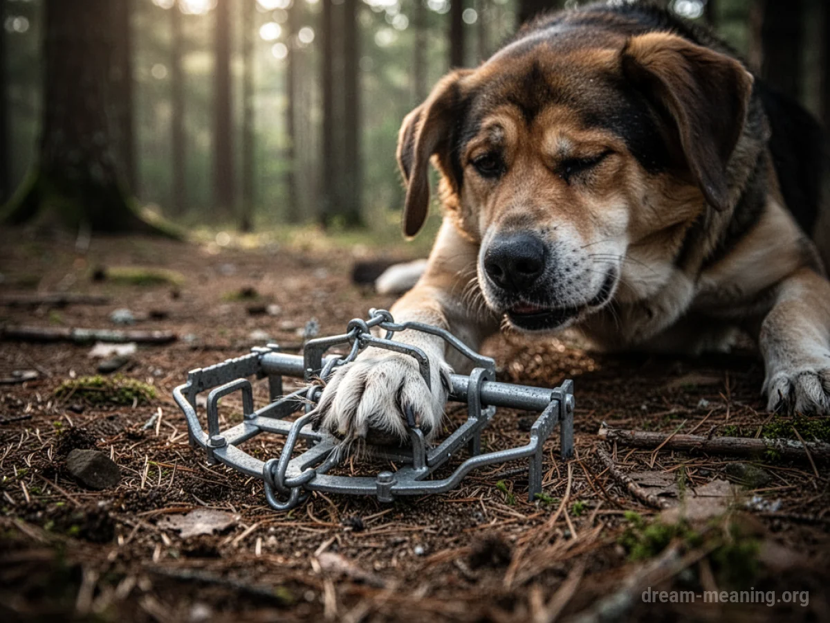 A dog's paw is caught in a metal trap on the ground.
