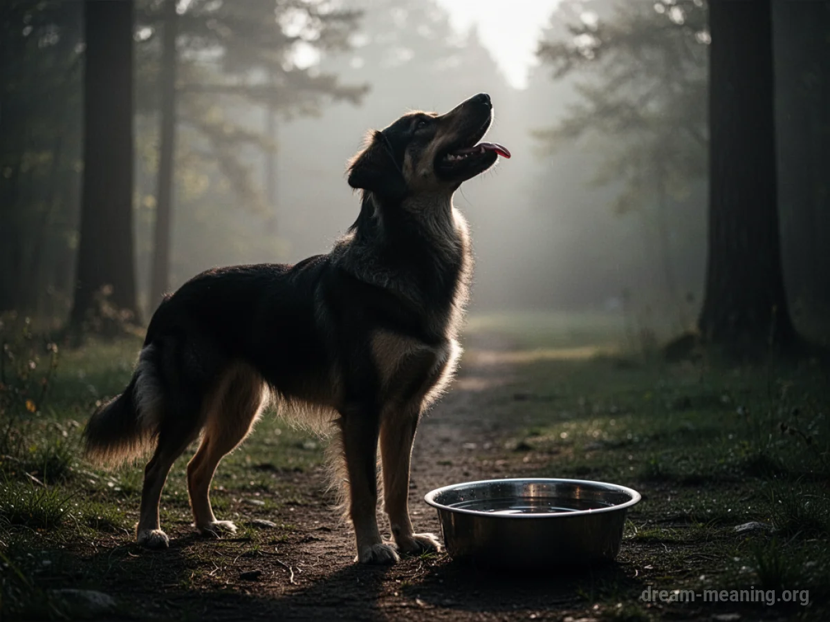 Silhouette of a dog near an empty water bowl.
