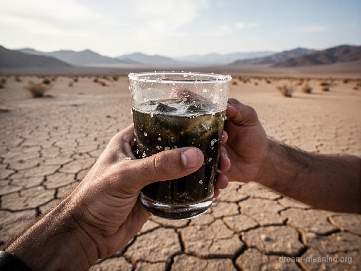 A person holds a glass of dark, salty water in a dry desert.