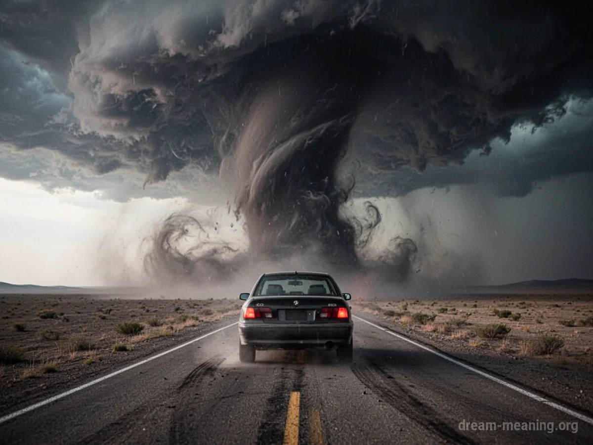 A car moving away from a large tornado on a road.