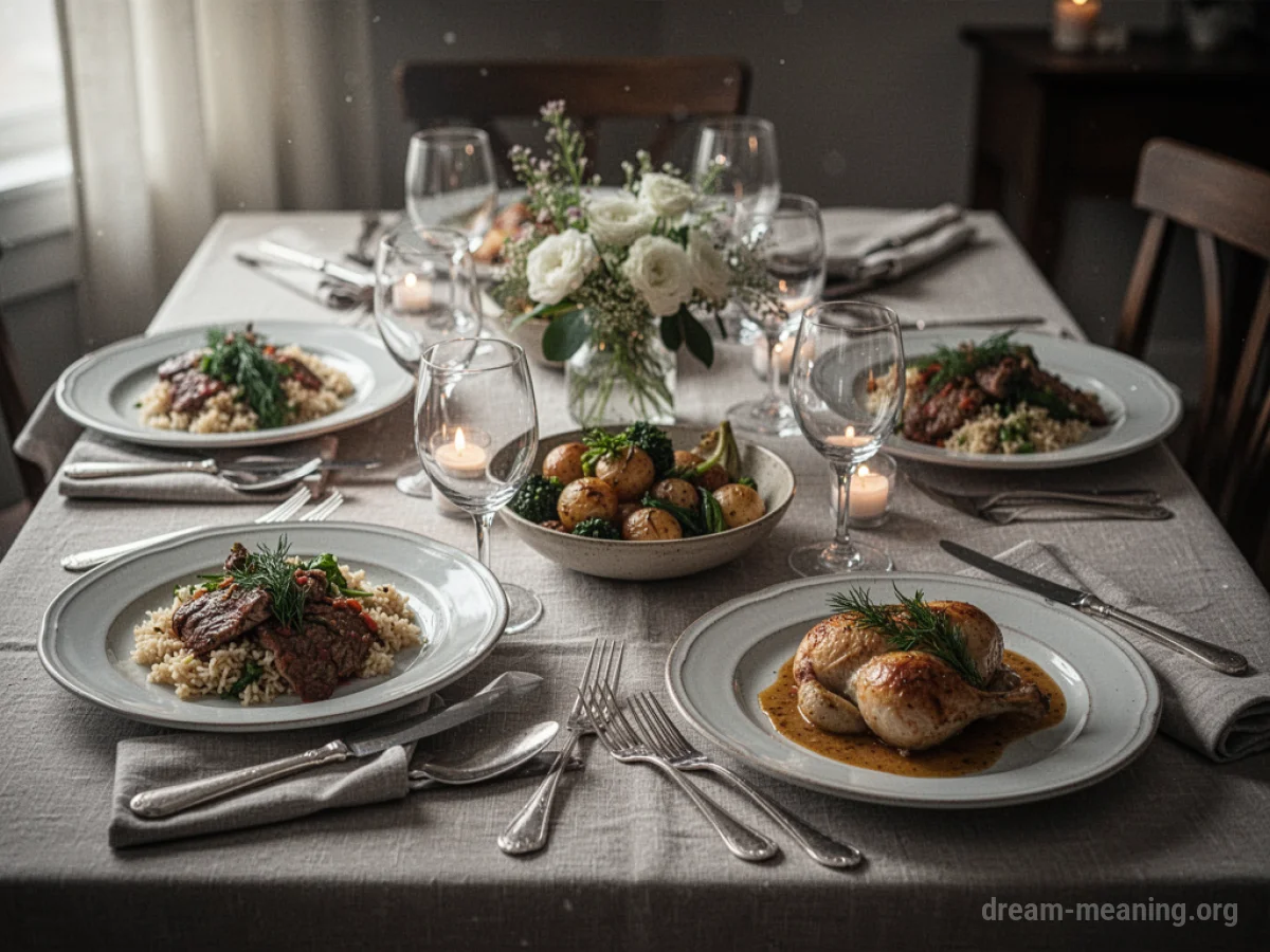 A dining table laden with food, ready for a meal.