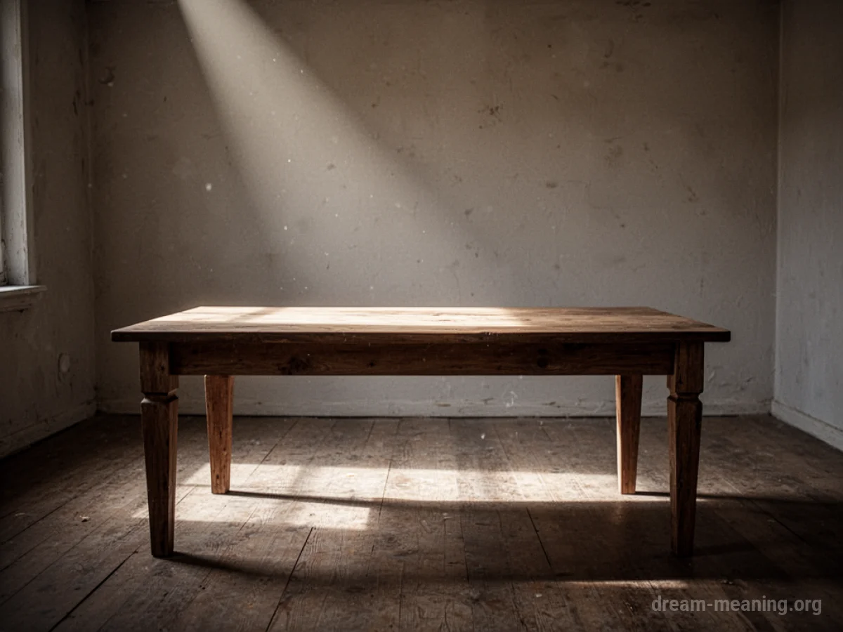 A wooden table with nothing on it, seen from a slightly elevated angle in an empty room.