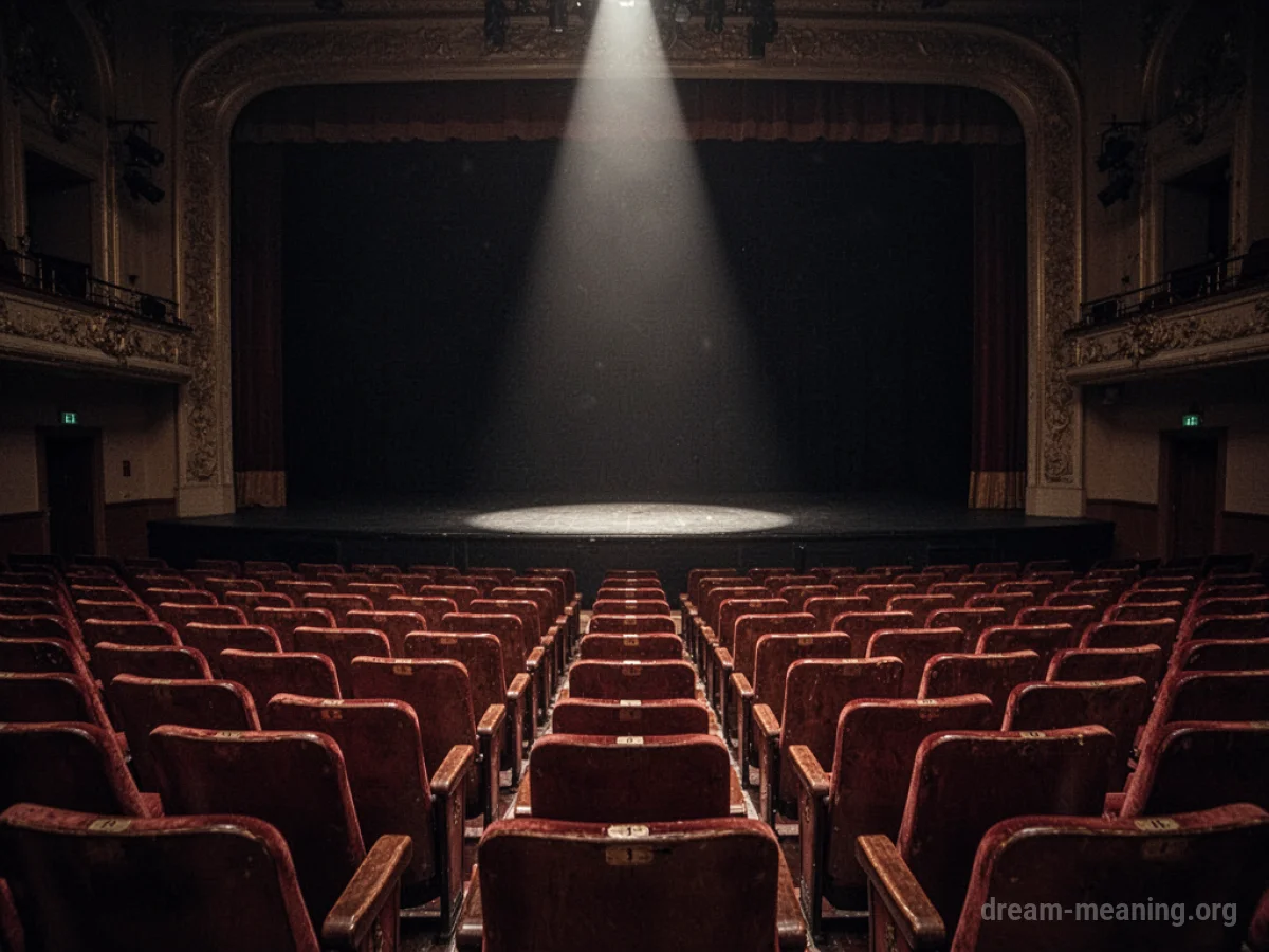 A dark, empty theater auditorium with vacant seats and a spotlight on the stage.