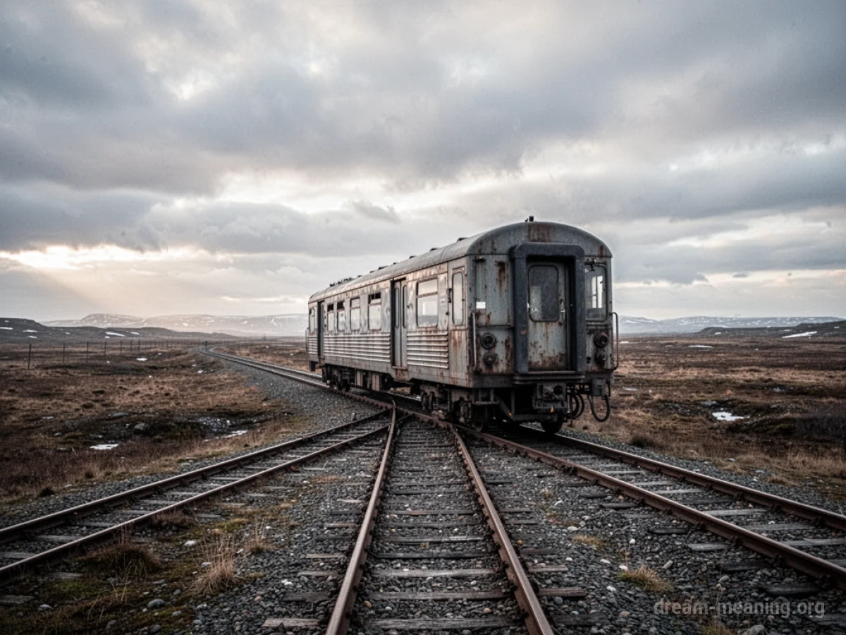 An empty train rests on railroad tracks in a barren landscape.