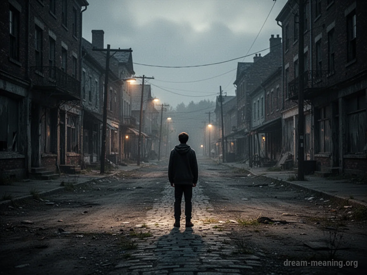 A silhouette of a person at the entrance to a desolate, unfamiliar town.